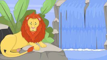 Majestic lion resting by flowing waterfall 2D cartoon animation. Big cat mane on rock in rainforest. Predator wild animal jungle animated flat character 4K background scene storytelling video