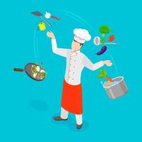 3D Isometric Flat Illustration of Professional Chef, Chef in Uniform and Cap Surrounded by Flying Pots and Ingredients vector