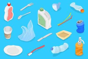 3D Isometric Flat Set of Plastic Waste, Environmental Pollution vector