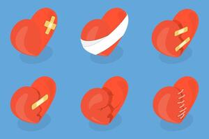 3D Isometric Flat Set of Broken Hearts, Three-dimensional shattered love symbols vector