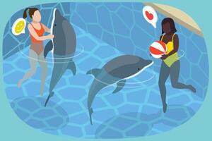3D Isometric Flat Illustration of Swim With Dolphins, A Unique and Empowering Experience vector