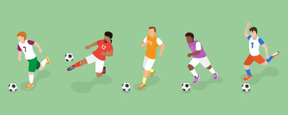 3D Isometric Flat Set of Soccer Players, Diverse Football Characters
