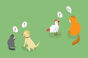 3D Isometric Flat Set of Thinking Animals, Cat and Dog with Bubbles vector