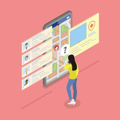3D Isometric Flat Illustration of Person Finding Hospital, Individual Locating Medical Center