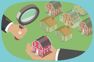 3D Isometric Flat Illustration of Looking for Real Estate, Efficiente Search for Properties vector
