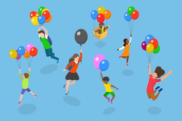 3D Isometric Flat Illustration of Soaring in the Sky, Happy Children Flying High with Bright Balloons