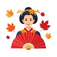 Geisha with red maple leaf fan vector
