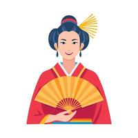 Geisha with a Bamboo patterned fan flat design style vector