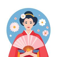 Geisha with fan with chrysanthemum flower pattern vector