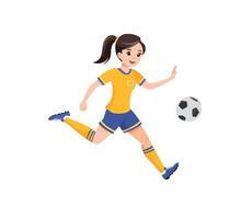 A young soccer athlete takes a kick to the goal vector
