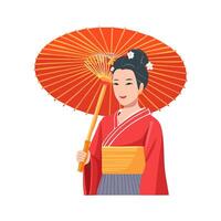 geisha with washi paper umbrella with bamboo frame flat design vector