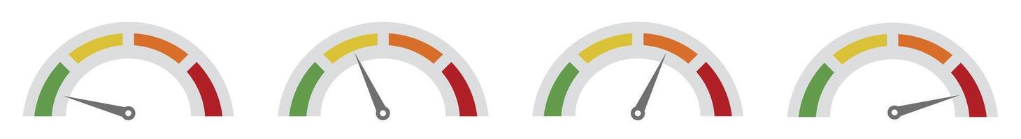 Colorful speedometers displaying different levels of measurement vector
