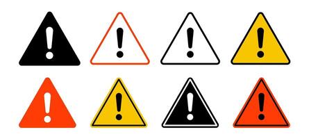 Set of eight triangle warning signs with exclamation marks in various colors vector