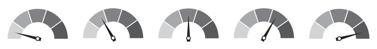Various grey speedometers with needles pointing at different levels vector
