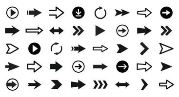 Arrows set of black icons. Different directions and styles for graphic design vector