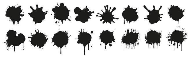 Set of black ink splatter shapes in various drip and splash patterns vector