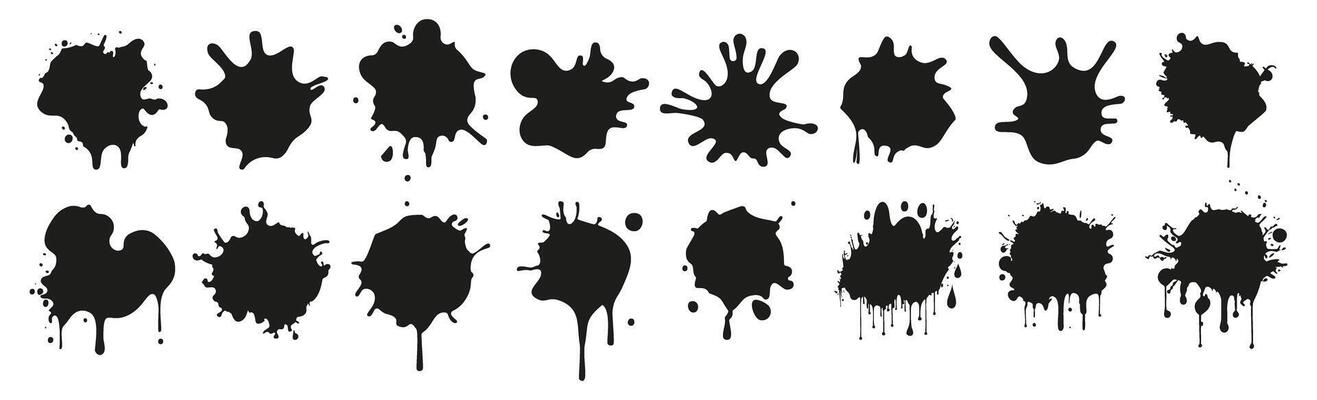 Set of black ink splatter shapes in various drip and splash patterns