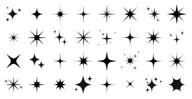 Sparkles, stars and bursts icons, twinkling stars. Set of different black sparkles icons on transparent background vector