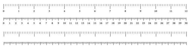 Size indicators measuring tool, ruler scale, precision measurement of ruler scale, centimeters and inches. Set of ruler 30 cm 12 inch on transparent background vector