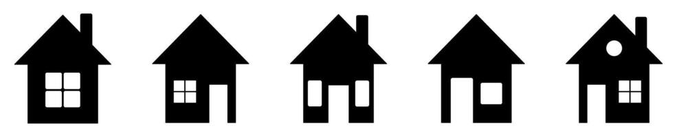 Black house icons with doors and windows in a row vector
