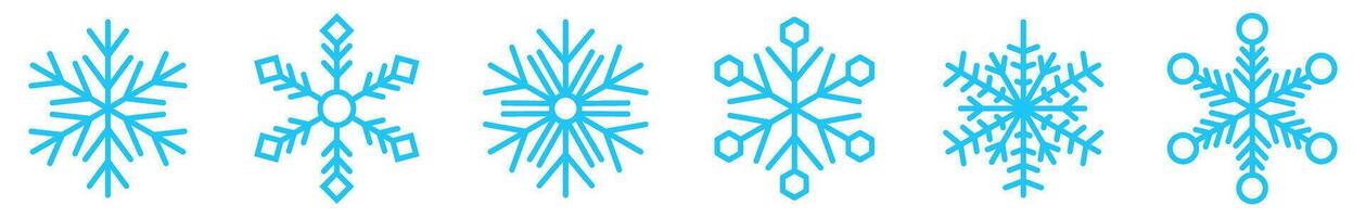 Set of six blue snowflake designs in various geometric patterns vector