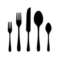 Minimalist black icon of fork, knife, spoon, and teaspoon utensils on isolated background vector