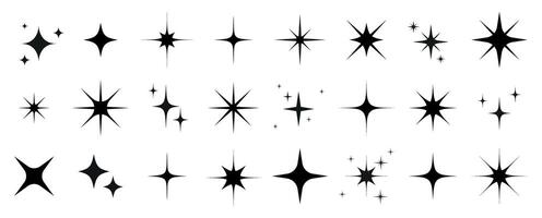 Set of various black star shapes and sparkles. Set of different black sparkles icons on transparent background vector