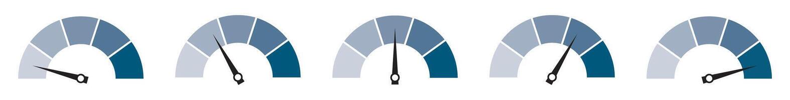 Five gauges with varying levels indicating different measurements vector