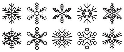 Icon snowflake set, diverse black outline winter patterns for seasonal projects vector