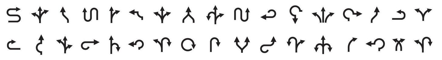 Way direction arrow sign collage. Road navigation arrows. Black line branching arrows. Driving direction mark, location point crossroad circle turning route black pictograms vector
