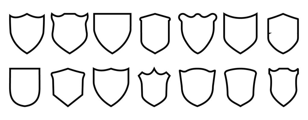 Set of blank shield outlines in various shapes and styles