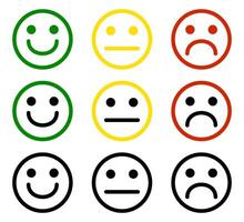 Set faces expressing happy, neutral, and sad emotions in colorful circles vector