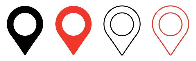 Set of black and red map location pins in solid and outline styles vector