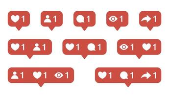 Social media notification icons set, heart, comment, follow, view, share symbols vector