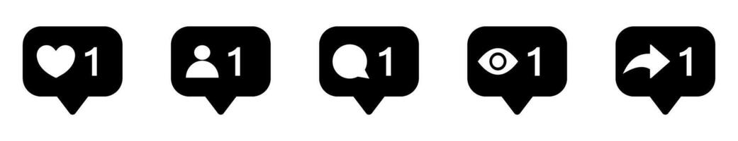 Social media interaction icons, like, follow, comment, view, share vector
