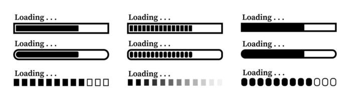 Different loading bar styles and designs in black and white vector