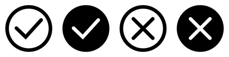 Black and white check mark and cross symbols in circle icons set on isolated background vector
