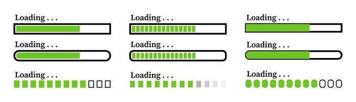 Various loading bar styles in progress with green and black design elements vector