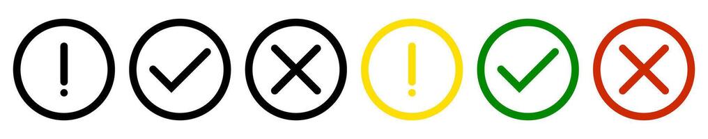 Set of exclamation check marks in black, yellow, green, red circles vector