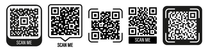 Set of black qr codes with scan me text labels for digital interaction vector