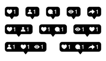 Social media notification icons set, like, comment, share, view, follow alerts vector