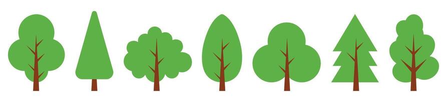 Collection of simplified green trees with varied shapes and types vector