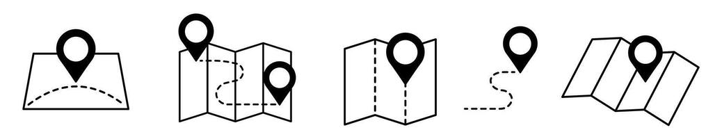 Gps map icons with location pins on folded maps in black and white vector