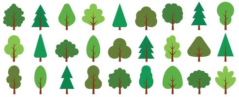Diverse green tree illustrations collection with varied shapes and sizes vector