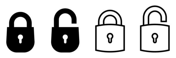 Set of black and white padlock icons in open and closed designs vector