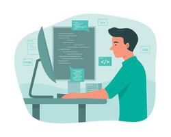 Programmer Man Process Coding with Desktop PC Computer for Software Development Concept Illustration vector