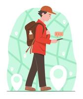 Traveler Backpacker Man Search a Travel Information on Mobile Phone with Location Mark Symbol Background for Travel Concept Illustration vector