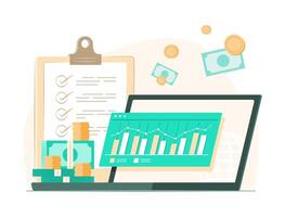 Stack of Cash Money and Laptop with Trading Graph Report for Online Investment Concept Illustration vector