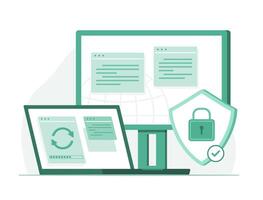 Laptop Computer and Desktop PC Computer Updating Security Data for Cyber Security Concept Illustration vector