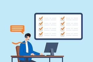 Flat illustration of support specialist solving customer issues with headset and computer screen displaying completed task checklist vector